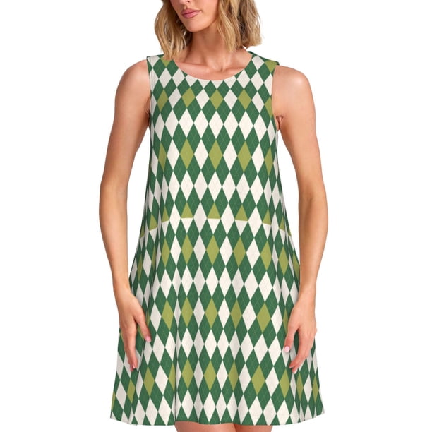 Easygdp Light Green Squares para Vestido Transpirable de Mujer, Vestido Suelto de Manga Corta con Pliegues y Bolsillos para el Verano