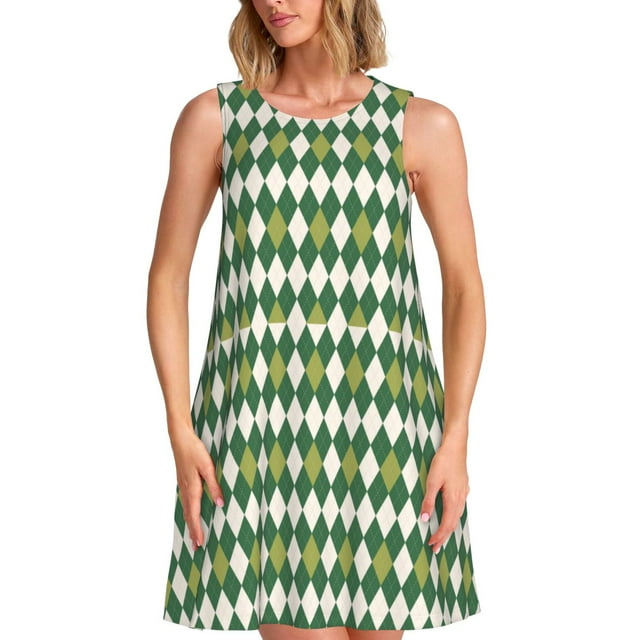 Daiia Robes Imprimées Carrés Vert Clair pour Femmes 2025 Tendance Manches Courtes Robes Décontractées Amples Fluides Maxi Robes de Soleil