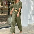 thumbnail image 2 of Summer Hot Saving! ITSUN Women's Outfits 2PC Suit Short Sleeve Solid Trousers Casual Two-Piece Leisure Suit Army Green 3XL, 2 of 5