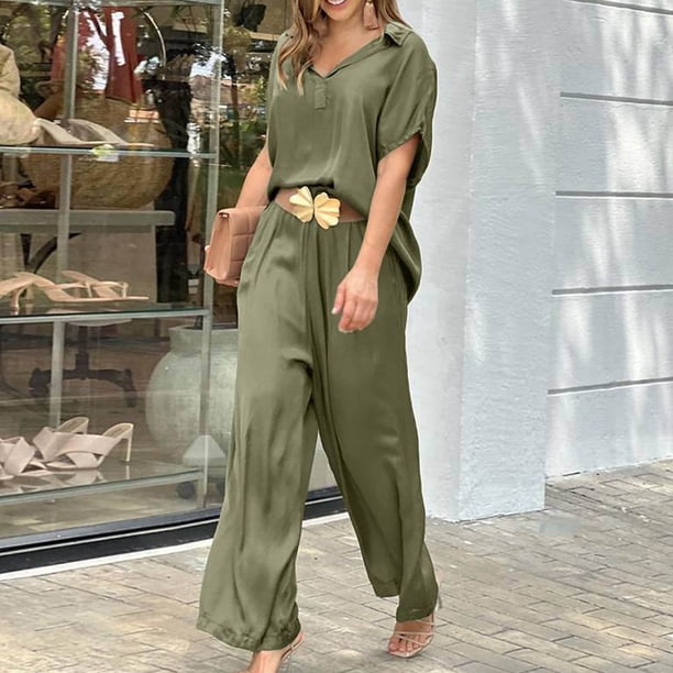 Puntoco Traje De Verano Para Mujer Moda Manga Corta Pantalones De Color Sólido Traje Casual De Dos Piezas Liquidación Puntoco Puntoco-5182