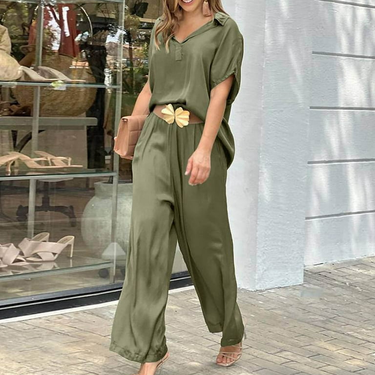 REORIAFEE Womens 2 Piece Sets Summer Beach Vacation Outfits Women's Summer  Suit Fashion Short Sleeve Trousers Casual Two Piece Suit Army Green XL