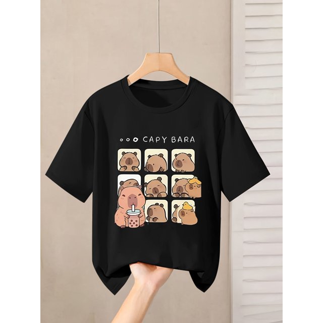 Boys' "Capy Bara" Cartoon Print T-Shirt - Light Yellow, Breathable Polyester Blend, Crew Neck, Short Sleeve Casual Top for Youngsters & Teens