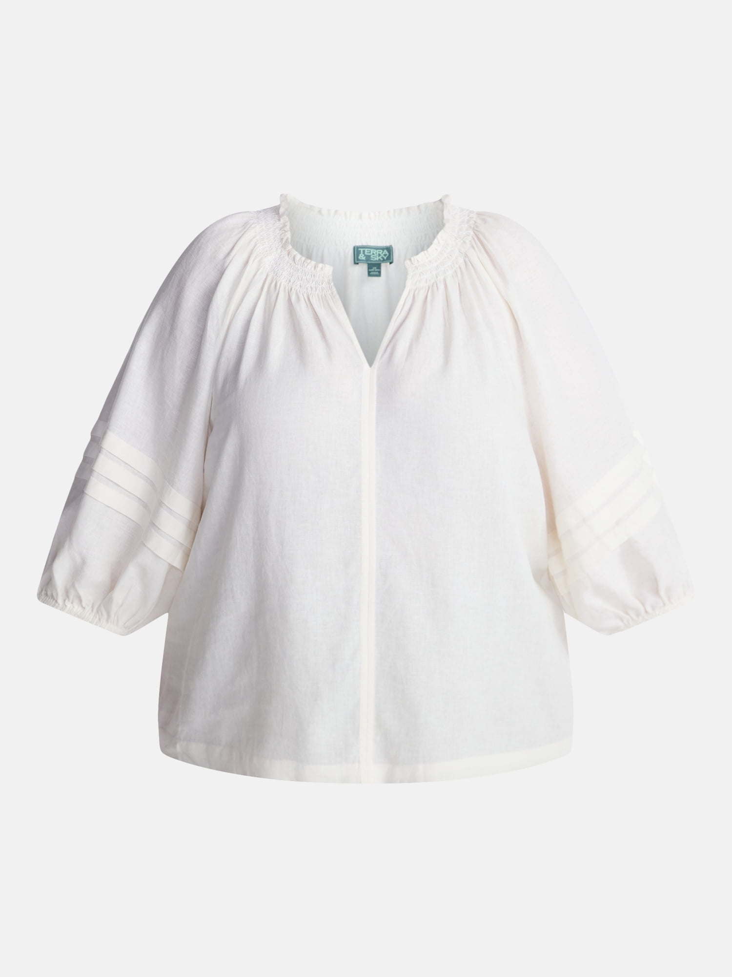 Terra & Sky Women’s Plus Linen Blend Blouse with Elbow Length Puff Sleeves, Sizes 0X-5X