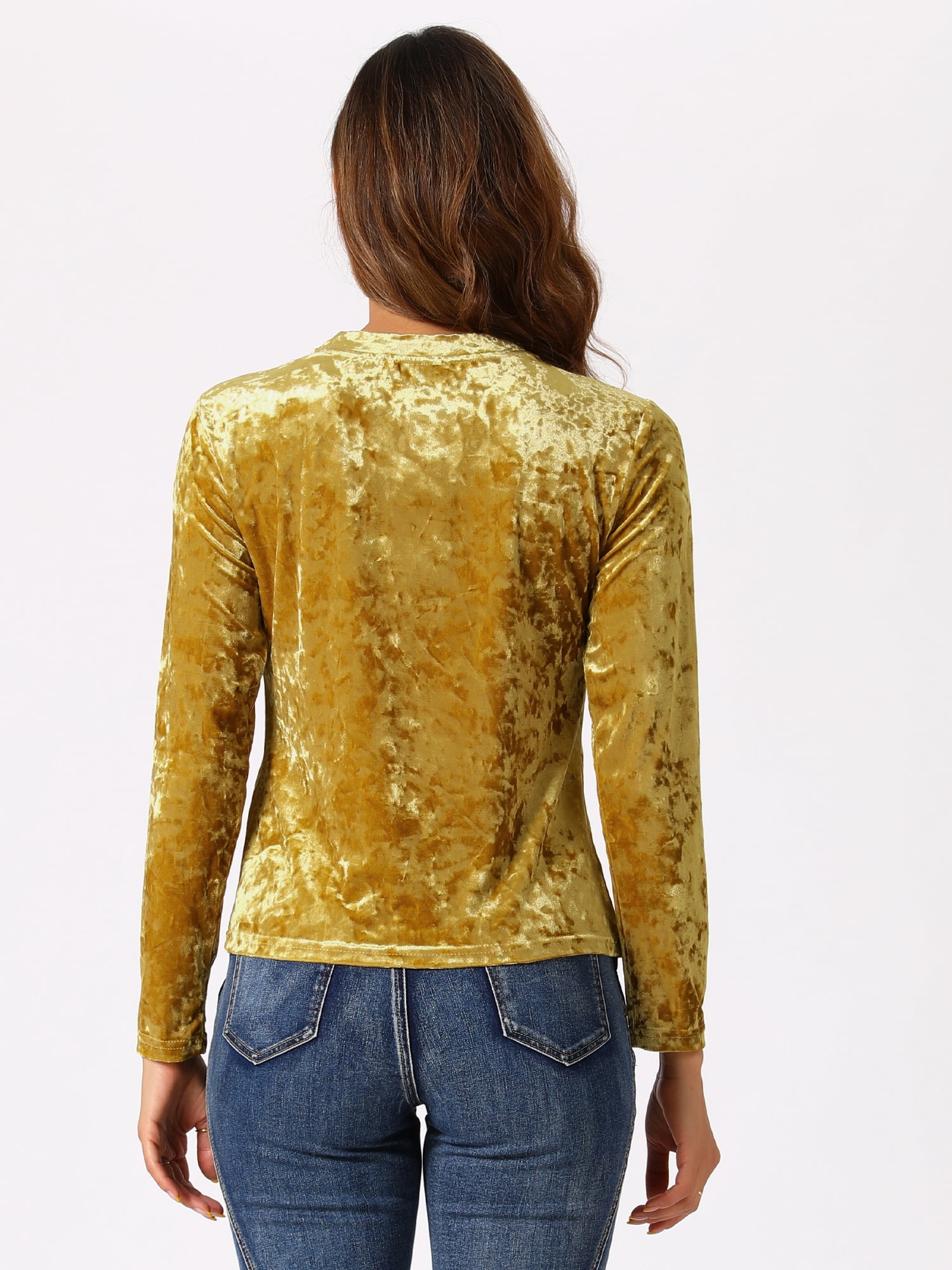 DARING DIVA Velvet Tops Round Neck Casual T-Shirt S Yellow