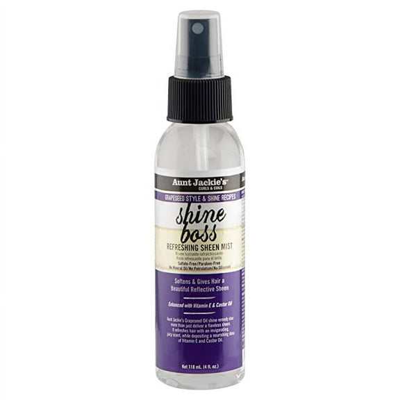 Aunt Jackie's Grapeseed Style and Shine Recipes Shine Boss Refreshing Sheen Hair Mist, Gives Curls, Waves and Coils Shine Without Oily Feel, 4 oz