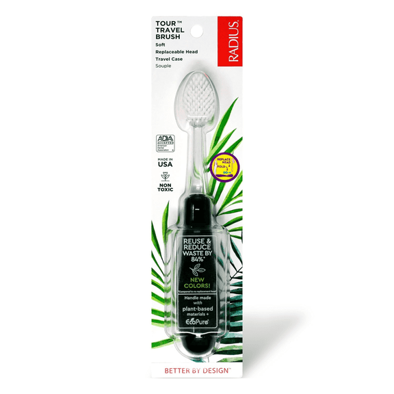 RADIUS Tour Travel Brush & Case with Replaceable Brush Head ADA Accepted Toothbrush Improve Gum Health - Black - Pack of 1