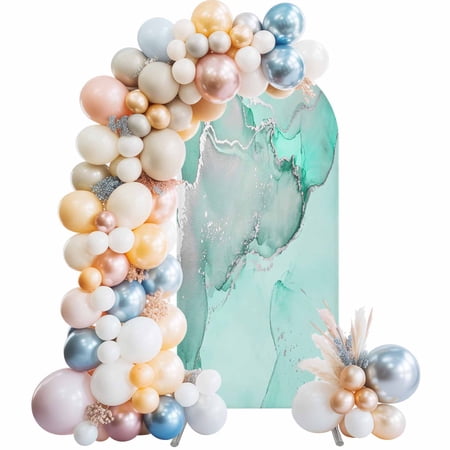 Aqua Marble Arch Backdrop Cover 6Ft, Wedding Arch Covers Stretchy Backdrop, Modern Abstract Waves Silvery Farmhouse Fitted 2 Sided Arched Photo Background for Birthday Party Decorations