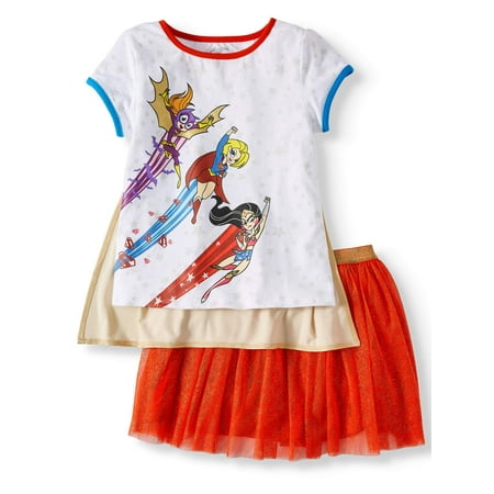 Her Outfit - Superhero Girls' Detachable Cape Tee and Tutu Skirt, 2-Piece Outfit Set (Little Girls & Big Girls)