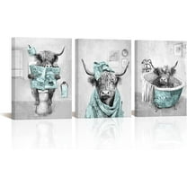 Hieng Blue and Grey Bathroom Decor Funny Highland Cow Wall Art Cattle Paintings Apartment Bathroom Hotel Decorations Unframed