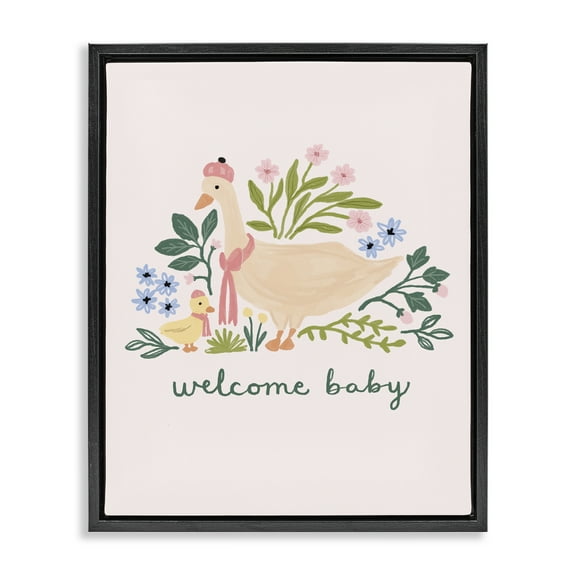 Stupell Industries Welcome Baby Floral Duck Animals Painting Black Floater Framed Canvas Art Print Wall Art, 17 x 21