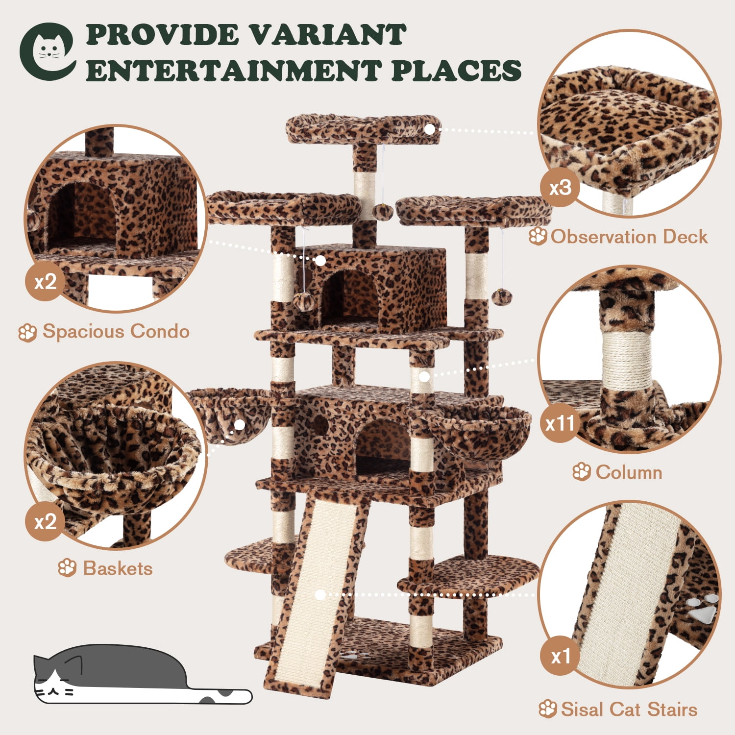 Amolife 68" X-Large Cat Tree and Tower for Indoor Cats, Condo House with Scratching Board & Thick Posts, Leopard Print