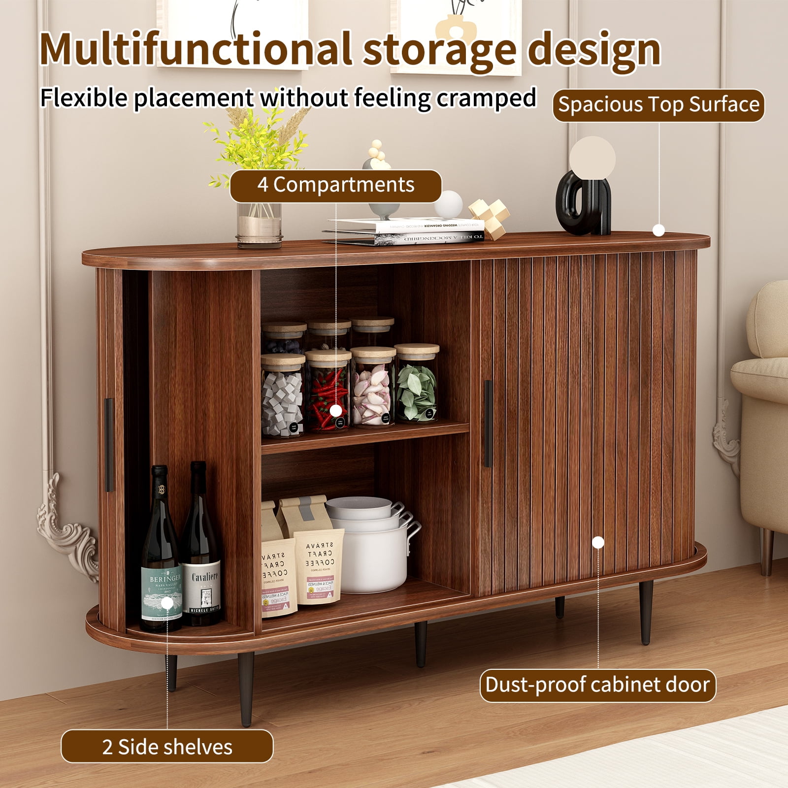 47"W x 29"H Buffet Sideboard Cabinet with Storage, Fluted Storage Accent Cabinet with Curvy Edge, Sliding Door, Credenza, Console Table for Living, Dining Room, Kitchen, Hallway
