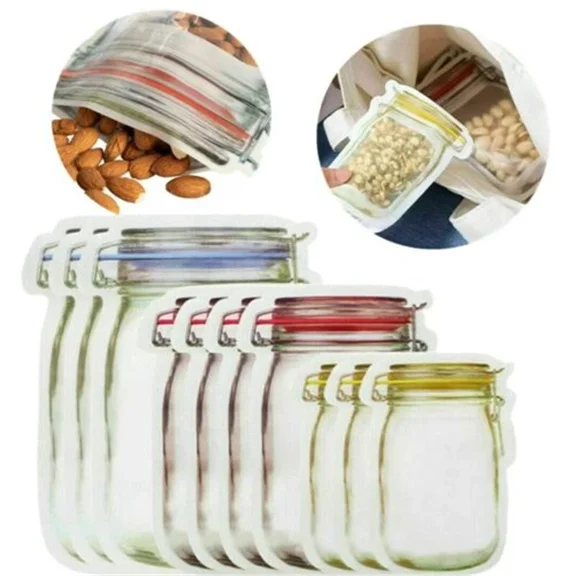 10X Mason Jar Bottles Bags Zipper Food Storage Bags Snack Zip Lock Bags Reusable