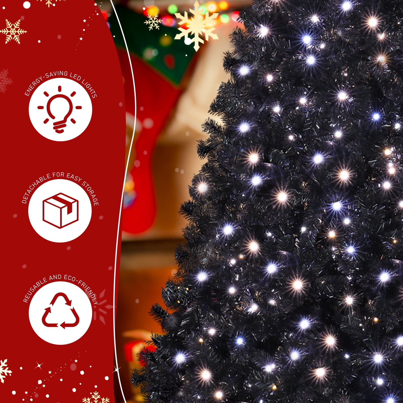Astoutdoor 7.5 ft Pre-lit Artificial Christmas Tree, Hinged Xmas Pine Tree with 1350 Branch Tips, 400 Lights and Remote Control, Black