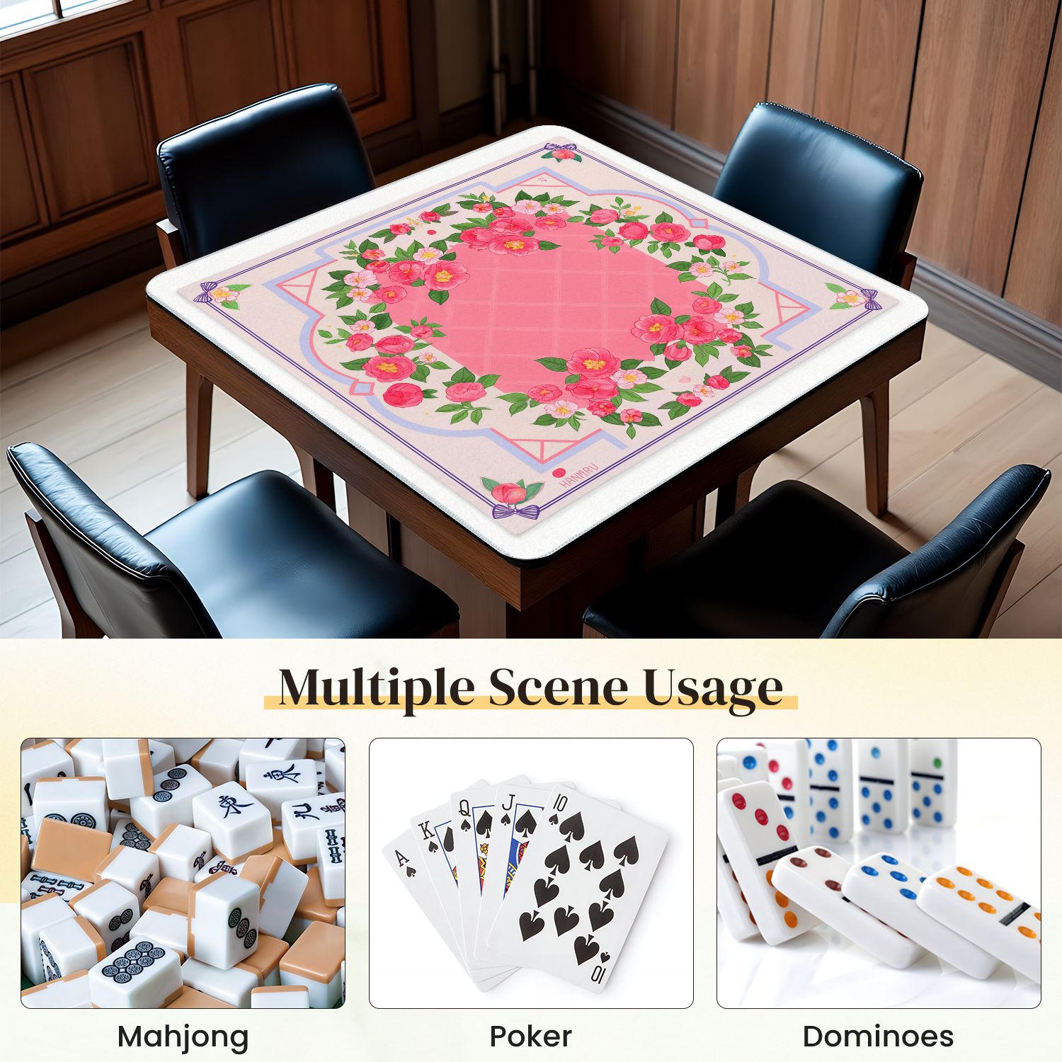 Mahjong Mat 31.5" x 31.5" Floral Pink Camellia Bouquet Soft Pastel Accents Anti-Slip and Noise Reduction Symmetry Design Mahjong Tiles Table Cover for Dominoes Poker Card Board and Tile Games