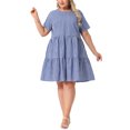 thumbnail image 2 of Vestidos de cuadros de mujer plus size Agnes Orinda, estilo vintage de los años 50, con capas, cuello redondo, manga corta, casual de verano, midi, talla 3X, azul oscuro, 2 of 6