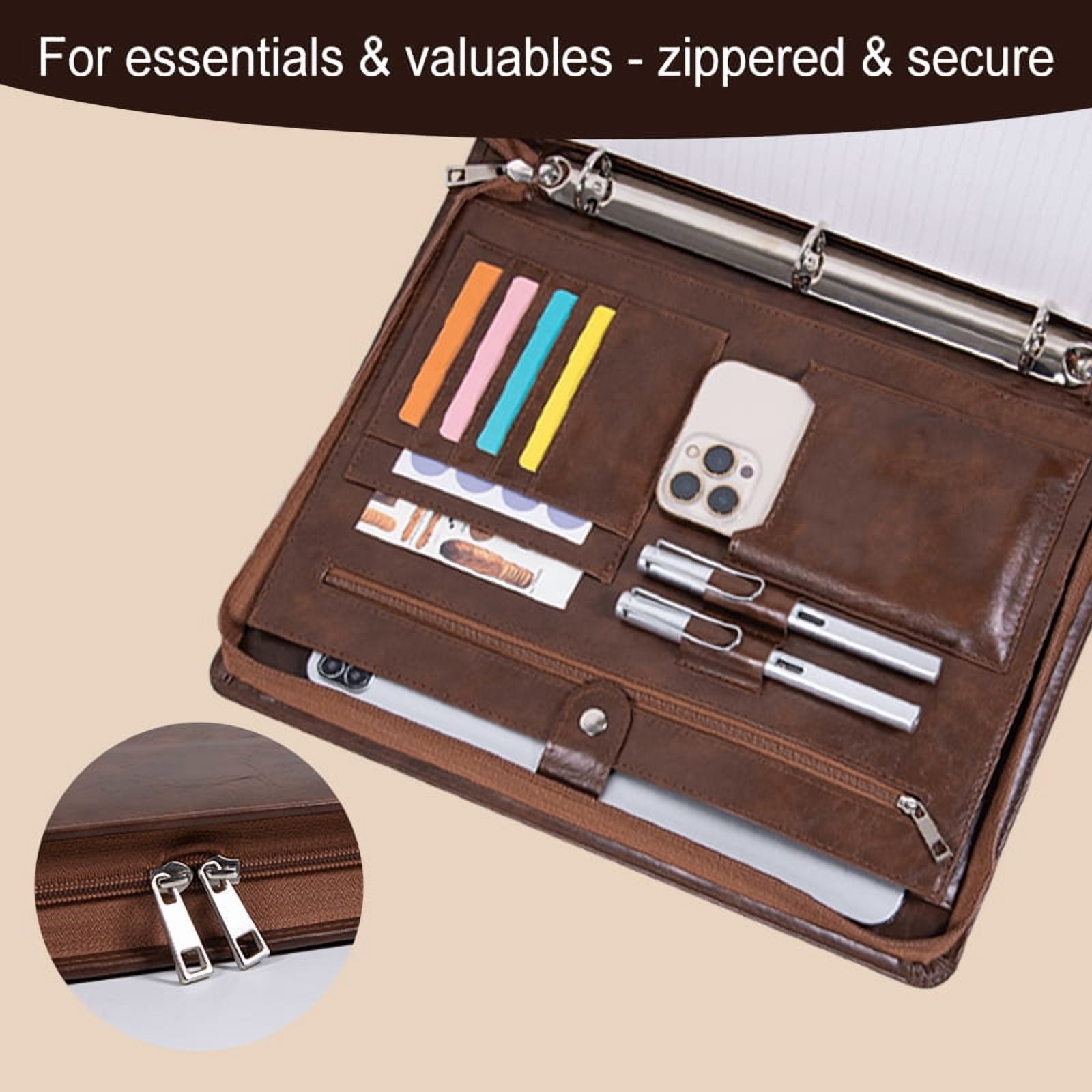 A4 Business Padfolio Binder with Zipper, Vegan Leather Professional Portfolio Organizer with 3-Ring Binder, Notepad & Resume Holder for Meetings & Travel