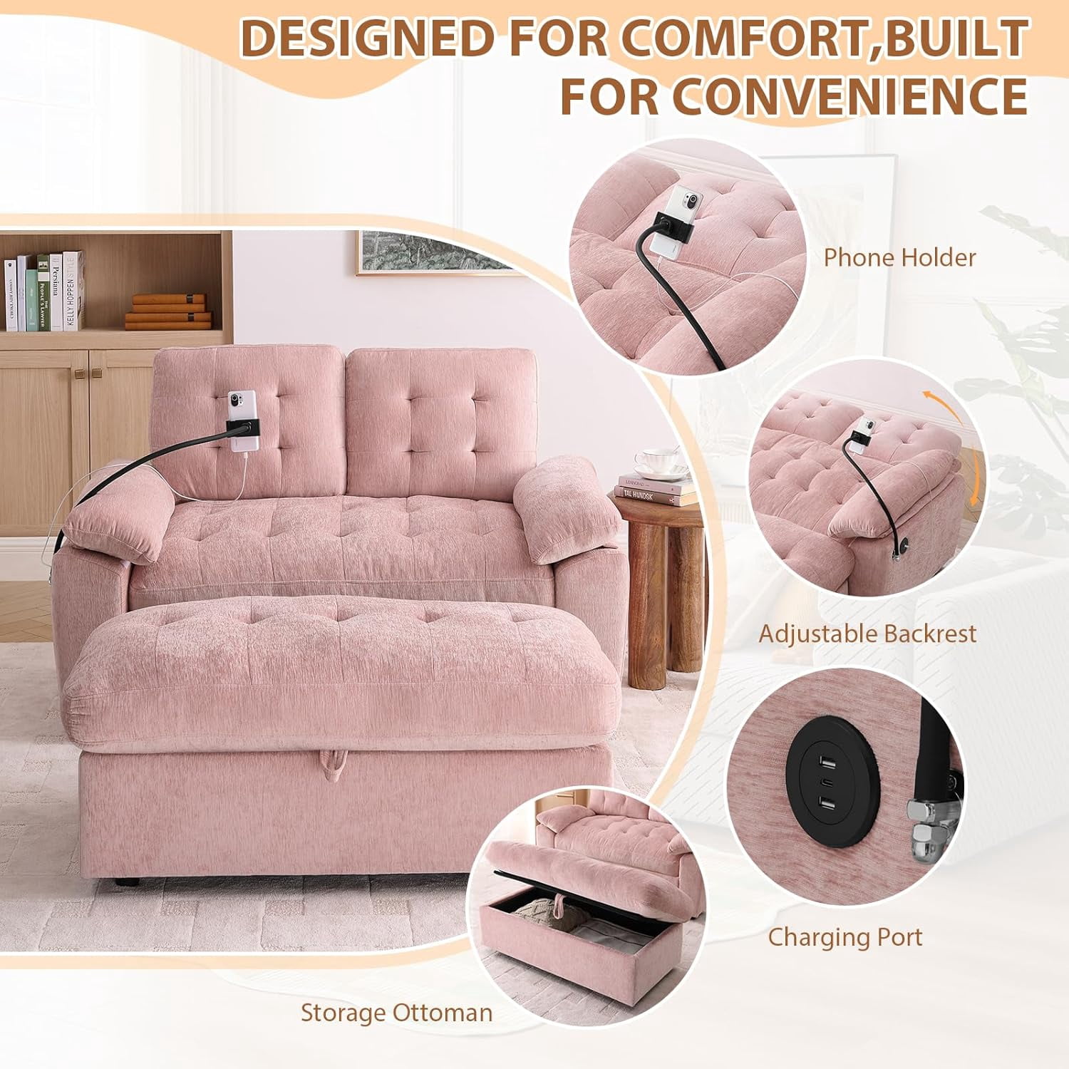 MOONMISS Oversized Chaise Lounge Chair Indoor with Ottoman&Adjustable Backrest,Chenille Tufted Recliner Sofa Chair with USB&Phone Holder,Convertible Sleeper Couch Bed for Living Room,Pink