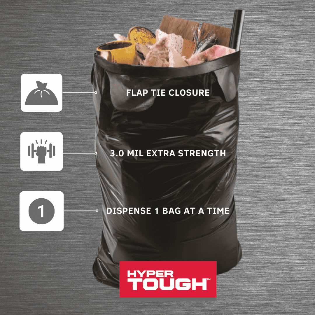 Hyper Tough Contractor Trash Bags, Black, 55 Gallon Capacity, 50 Bags, 2  MIL Thickness, Flap Tie​ 