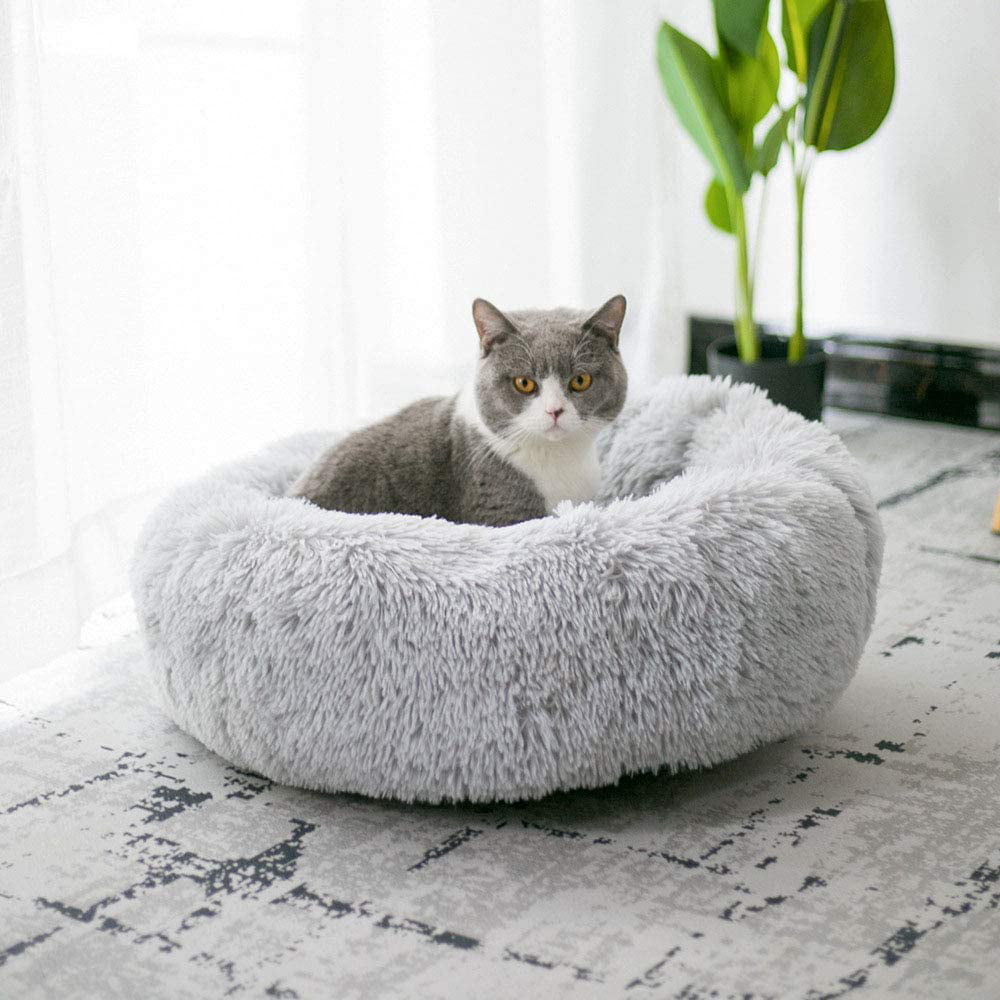 19.7”Dx7.9 H, White Mini Medium Sized Dog Cat Bed Self Warming Autumn Winter Indoor Snooze Sleeping Cozy Kitty Teddy Kennel BODISEINT Modern Soft Plush Round Pet Bed for Cats or Small Dogs S 