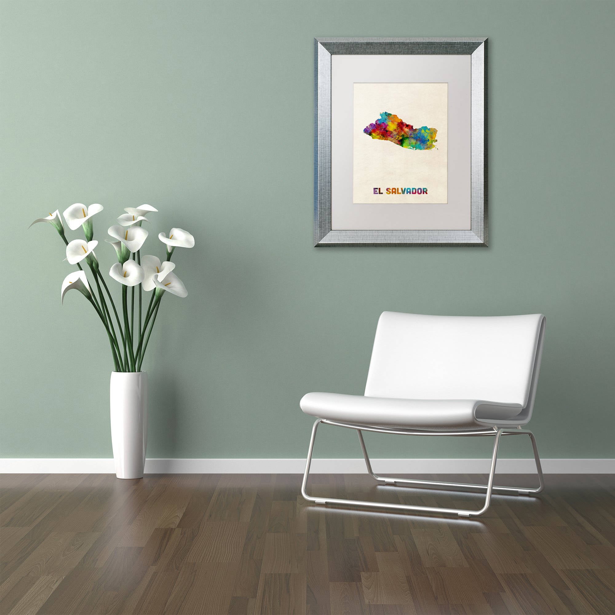Trademark Fine Art "El Salvador Watercolor Map" Canvas Art by Michael Tompsett, White Matte, Silver Frame