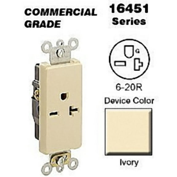 Leviton 16451-I Decora Single Receptacle Commercial Grade 6-20R 20A 250V BandS Wired - Ivory