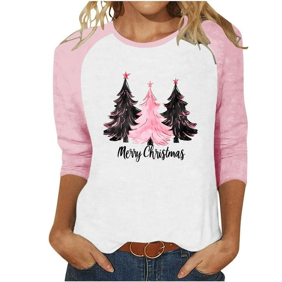 Weiqiqre Fall Outfits for Women Christmas Shirts 3/4 Sleeve Merry Christmas Tree Shirts for Women Xmas Holiday Party Tees Tops