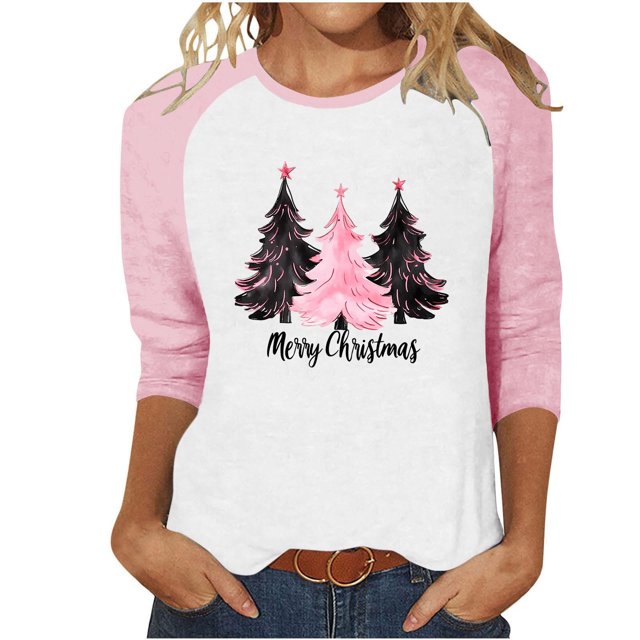 LckLvx T-Shirts de Noël pour Femmes Col Rond Manches 3/4 Raglan Chandail Tops Mignons Graphiques Décontractés
