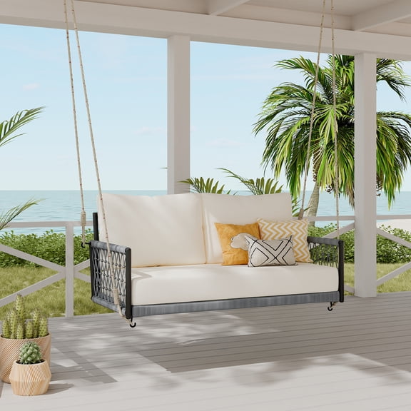 Harper & Bright Designs Outdoor Swing Sofa with Soft Cushions Seating 2, 1 Piece Woven Rope Hanging Seat Porch Swing Chair, Two-Person Outdoor Swing Sofa, Hanging Patio Bench for Patio, Beige