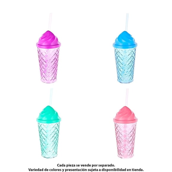 Vaso My Shop Summer de Plástico con Popote y Tapa en Forma dde Helado para Bebidas Frías de 500 ml.