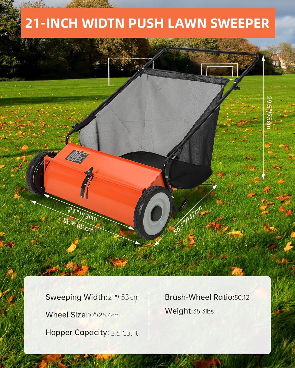 Orange 21-Inch Push Lawn Sweeper, 3.5 Cu. Ft. Hopper Capacity Leaf & Grass Collector with 4 Spinning Brushes, Adjustable Height, for Grass Clippings, Leaves & Debris