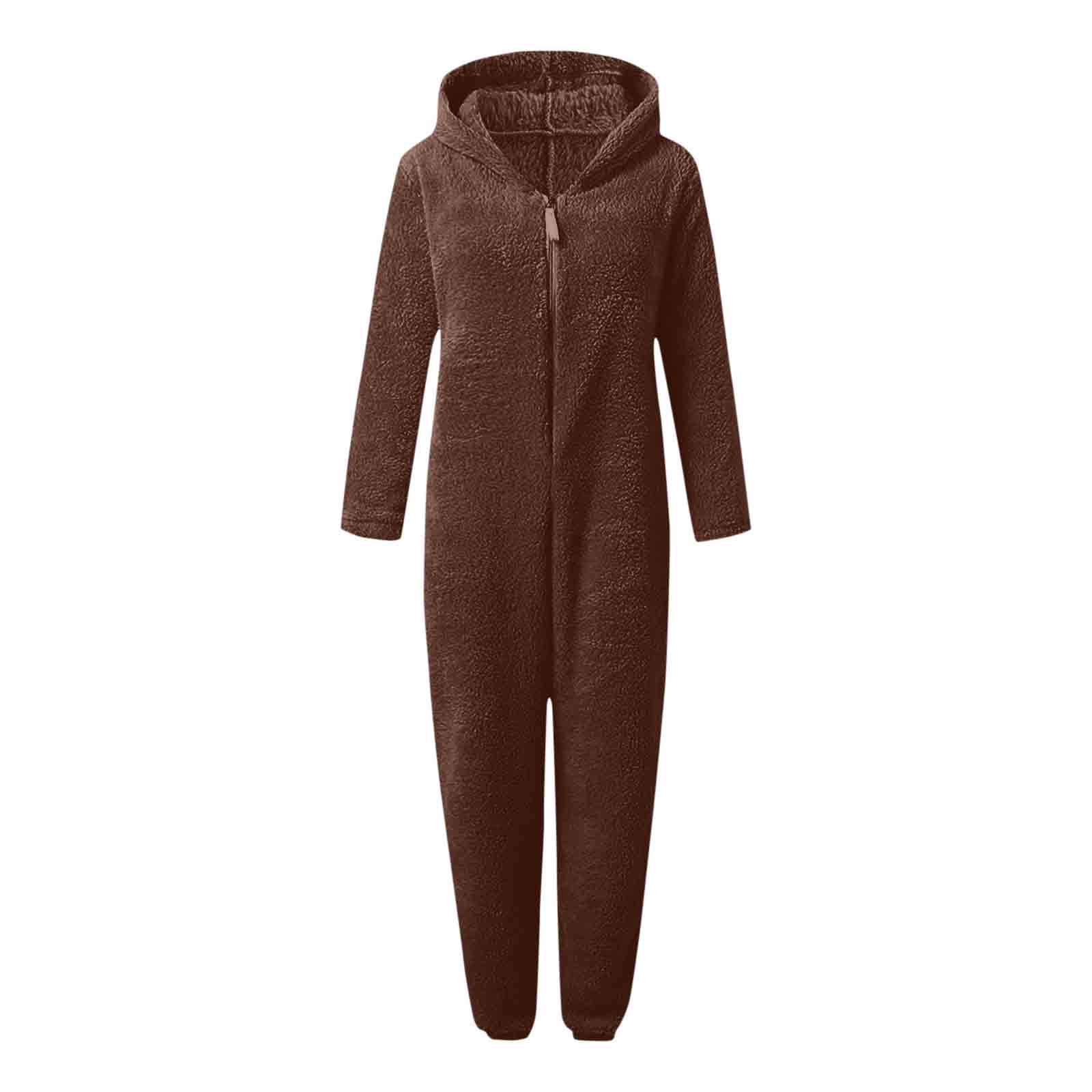 FRSASU Womens Fleece Onesies Pajamas Jumpsuit Warm Sherpa Romper Sleepwear One Piece Zipper Hooded Playsuit Loungewear