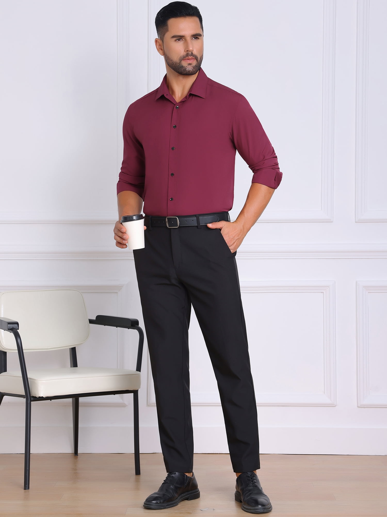 DARING DIVA Men's Solid Color Button Down Long Sleeves Stretch Shirts L Burgundy