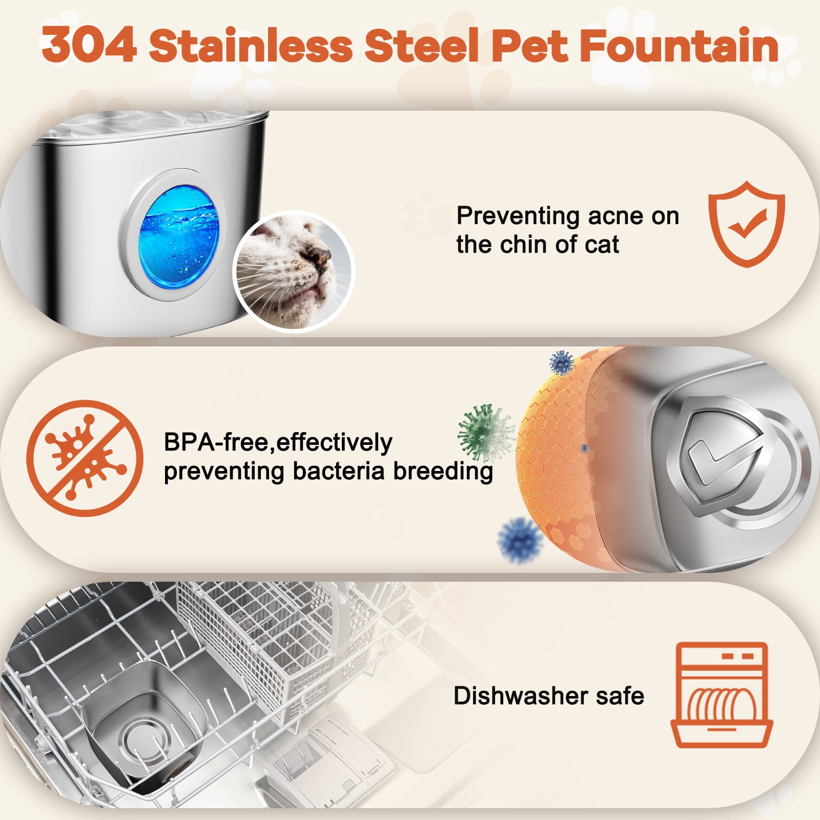 Cat Water Fountain Stainless Steel, YUWENUS 78oz/2.2L Pet Fountain with Water Level Window Automatic Water Dispenser with 4 Replacement Filters for Cats, Dogs