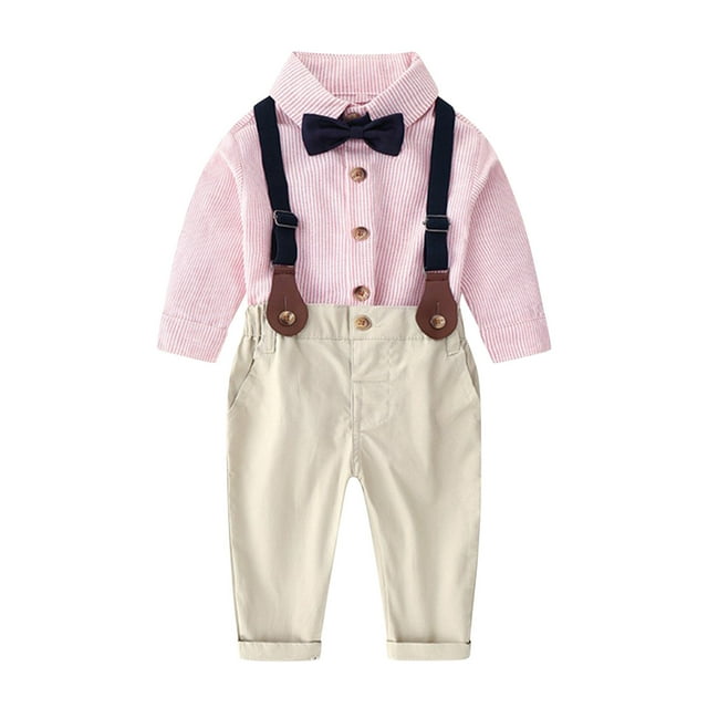 AherBiu Toddler Baby Boy Clothes Suit Striped Button down Shirts with Rompers Kids Gentleman Wedding Outfits