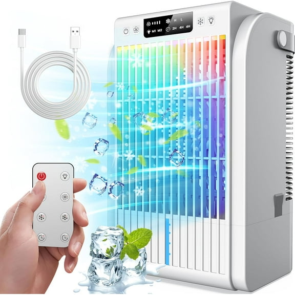 Portable Air Conditioners Fan,AI Portable AC Unit With 1500ML Water Tank,4-IN-1 Evaporative Air Cooler with Remote Control 7 Color Light Personal Mini Air Conditioner Portable for Room Office (White)