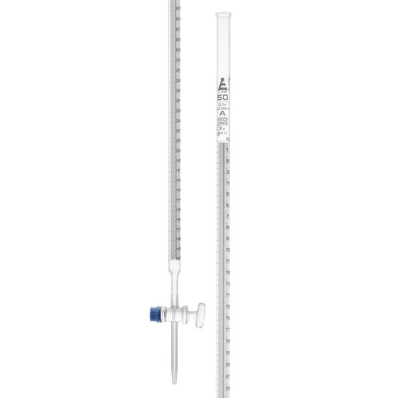 Lab Burette, 50mL - Schellbach Design for Accurate Miniscus Reading - Class A - 0.1mL White Graduations - Glass Stopcock - Borosilicate Glass Buret - Eisco Labs