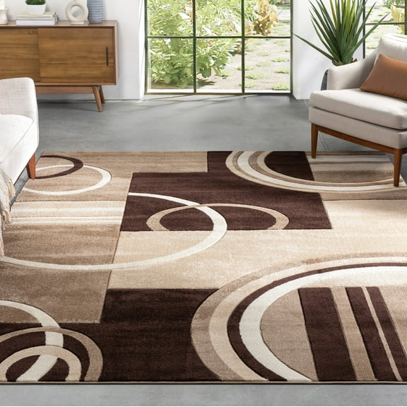Echo Shapes & Circles Ivory / Beige Brown Modern Geometric Comfy Casual Hand Carved Area Rug 8x10 8x11 ( 7'10" x 9'10" ) Easy Clean Stain Resistant Abstract Contemporary Thick Soft Plush Living Room