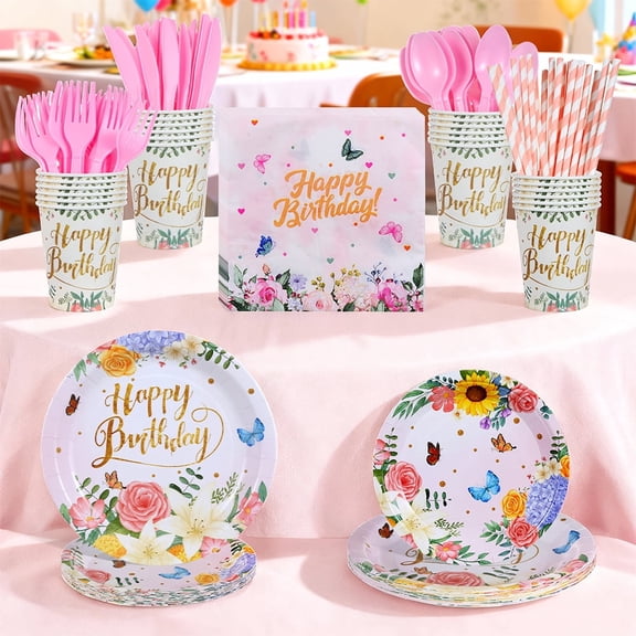 140pcs Pink Butterfly Birthday Party Supplies Decorations Serve 20, Paper Plates and Napkins Set, Disposable Party Decorations, Forks Knives Spoons, Paper Plates Napkins Cups Baby Shower Birthday