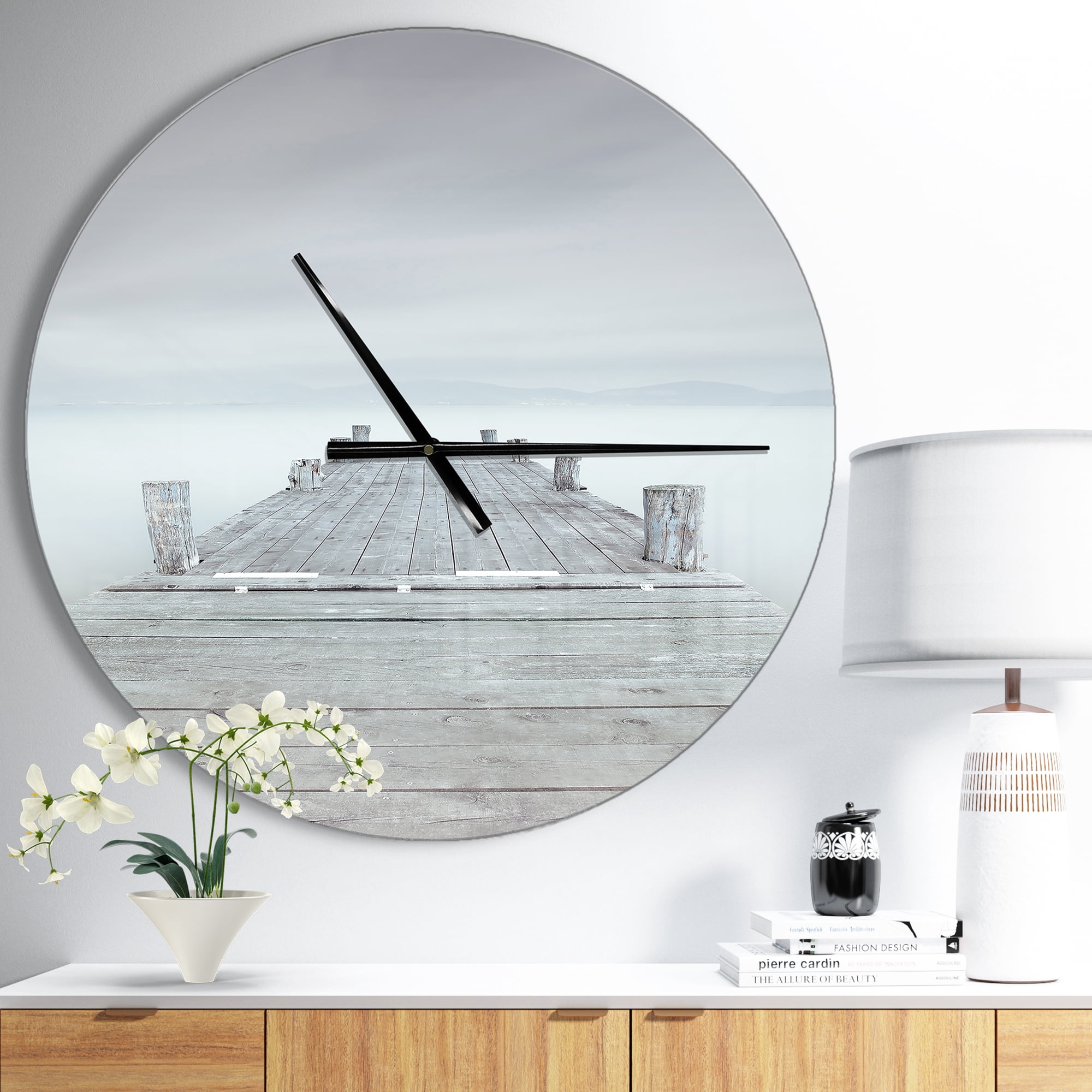 Designart 'Wooden Pier in Cloudy Mood ' Modern wall clock