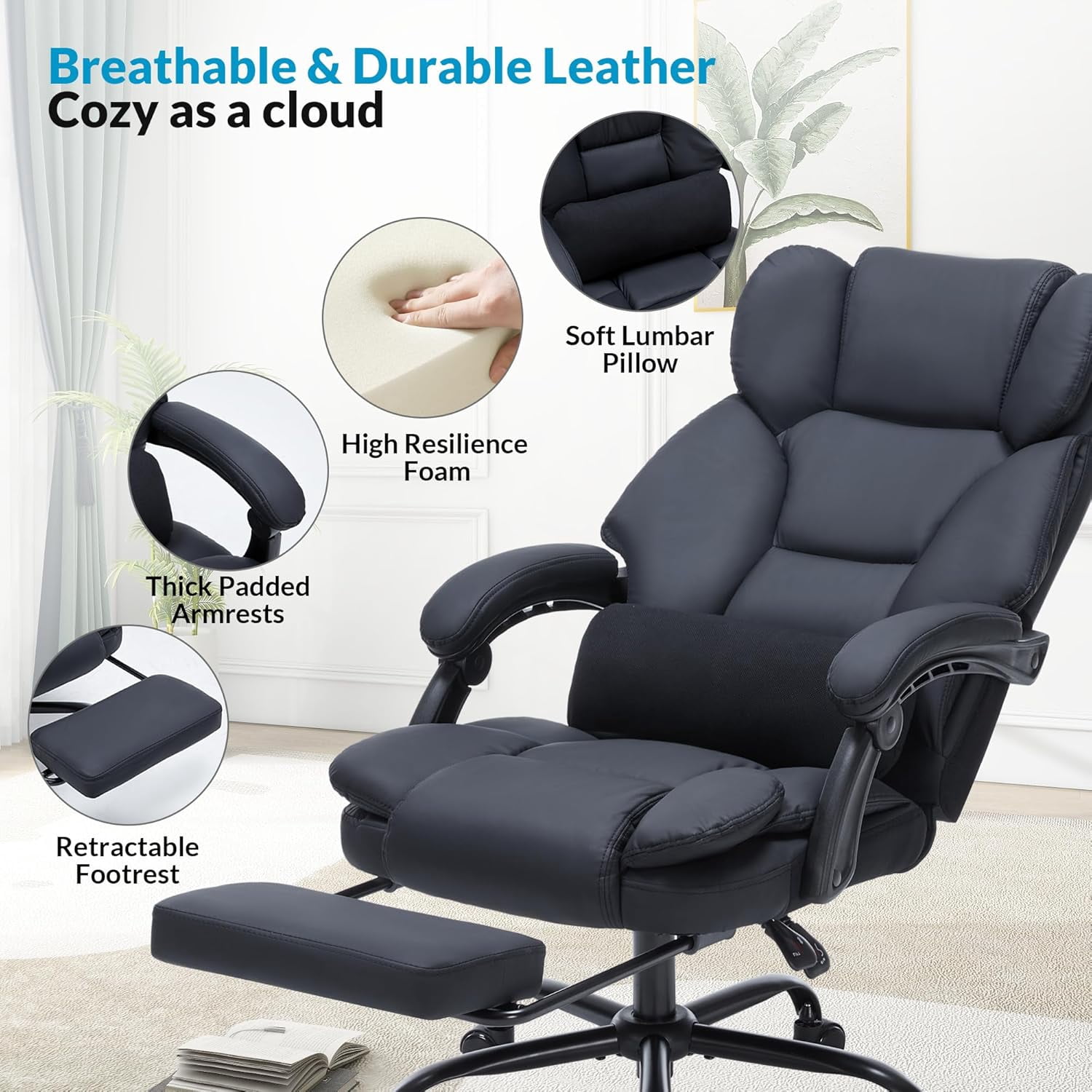 Morufur Leather Office Chair with Foot Rest, Office Chair 400LBS Wide Seat Ergonomic Computer Desk Chair with 360 Swivel High Back Executive Leather Chair Adjustable Task Chair, Black