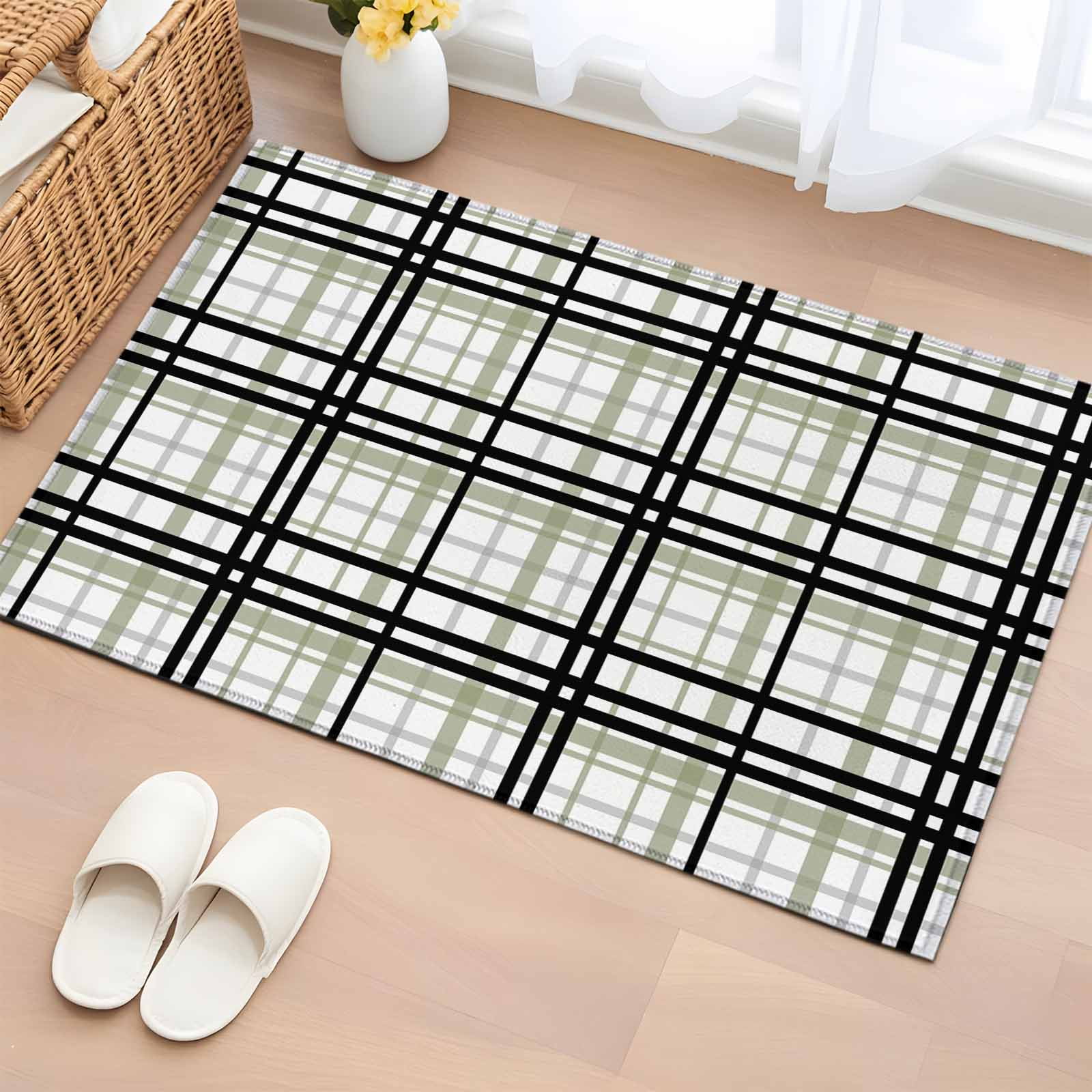 Entrance Runner Rug 2'x3',Sage Green Black Plaid Non-slip Doormat for Indoor Outdoor Entrance,Farmhouse Green Black Checkered Throw Floor Mat for Front Door/Living Room/Bedroom/Bathroom/Kitchen