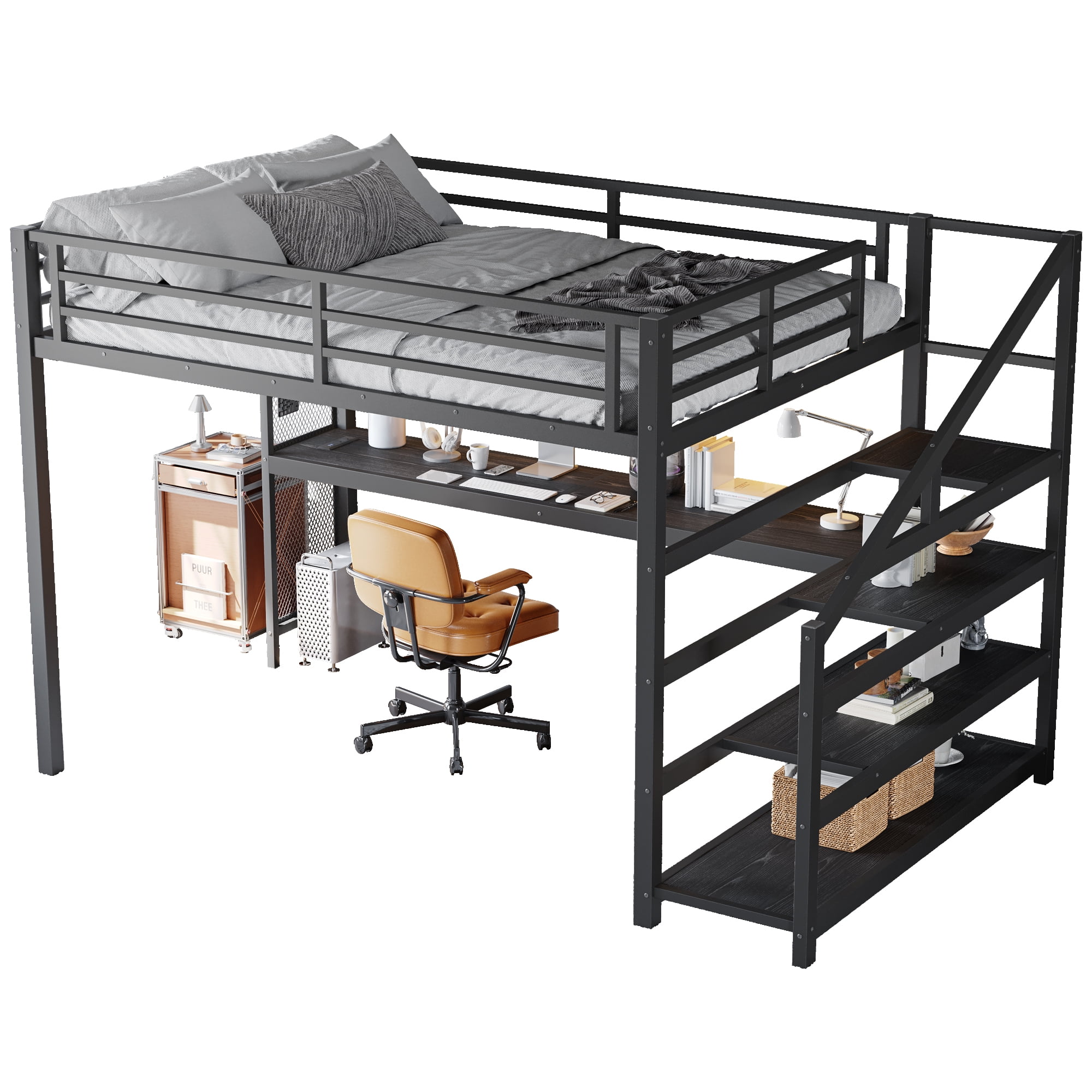 Aukfa Queen Size Metal Loft Bed with Desk and Storage Stairs, Heavy-Duty Bed Frame with USB Ports & LED Lights for Teens, Kids & Adults, Black