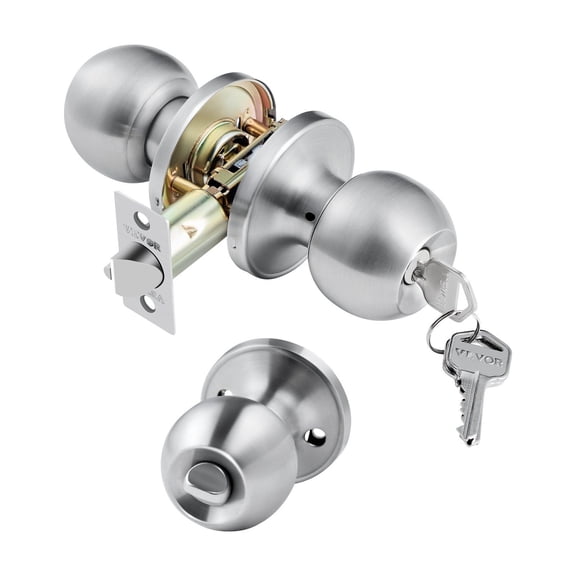 Keyed Entry Door Knob Satin Nickel Round Ball Exterior Lock Interior Thumb Turn All Metal Hardware Modern Bedroom Bathroom