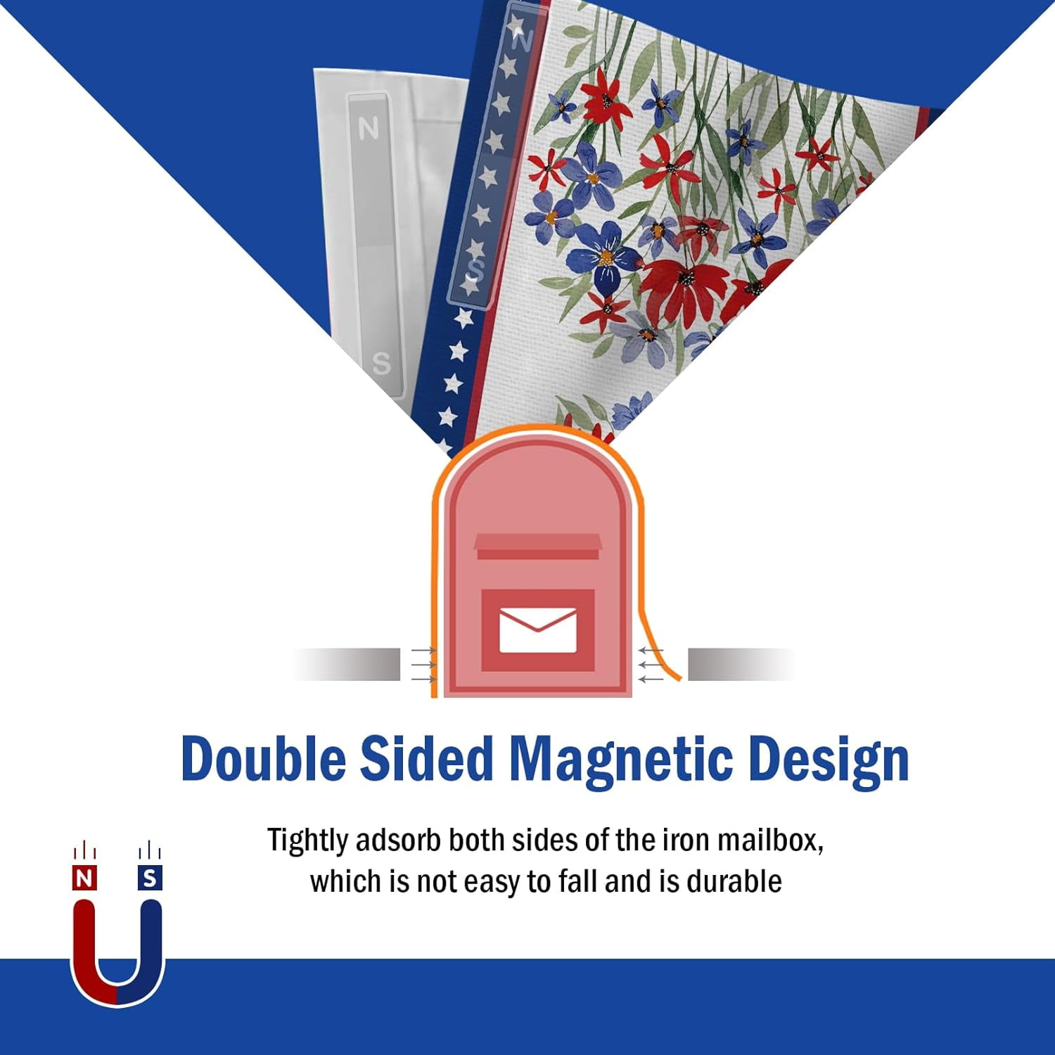 4th of July Patriotic Mailbox Cover Magnetic Standard Size 21"x19", America Wild Flower Floral Decorative Post Letter Box Wrap Decor, American USA Stars Farmhouse Garden Yard Outdoor Decoration