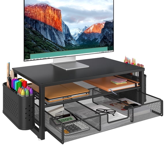 Storvive 2-Tier Monitor Stand Riser with Drawer and 2 Pen Holders, Metal Desk Organizer, Laptop Stand, Office Supplies, Black