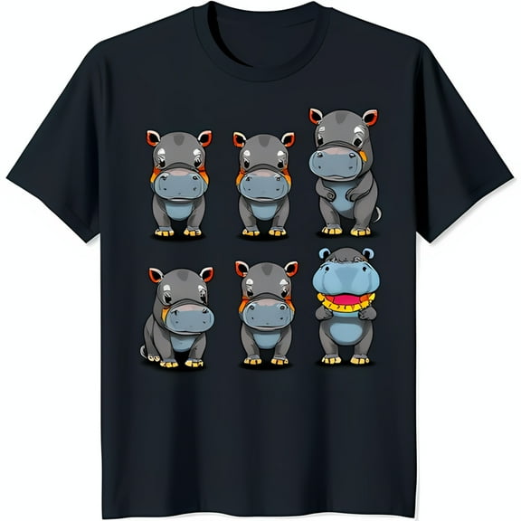 Whimsical Hippo Graphic Tee Fun Black T-Shirt with Cartoon Expressions