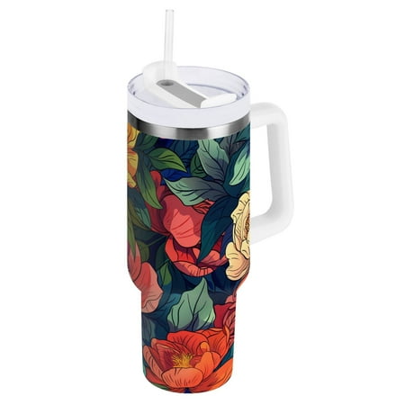 

JSTEL Colorful Peony Floral 40 oz Tumbler Stainless Steel Water Bottle Vacuum Insulated Cup with Straw Lid & Handle For Travel Car Cup Holder