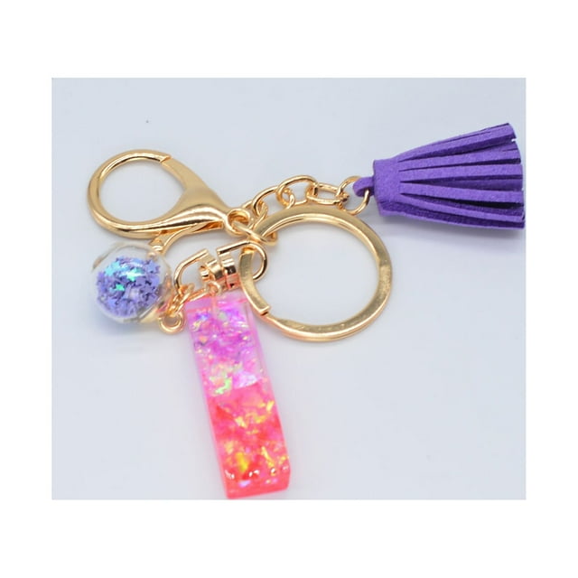 Hangs 2 Resin Glittering Letter Keychain with Color Stitching Flowing Design Purple Drop Glue English Character Key Chain for Daily Use