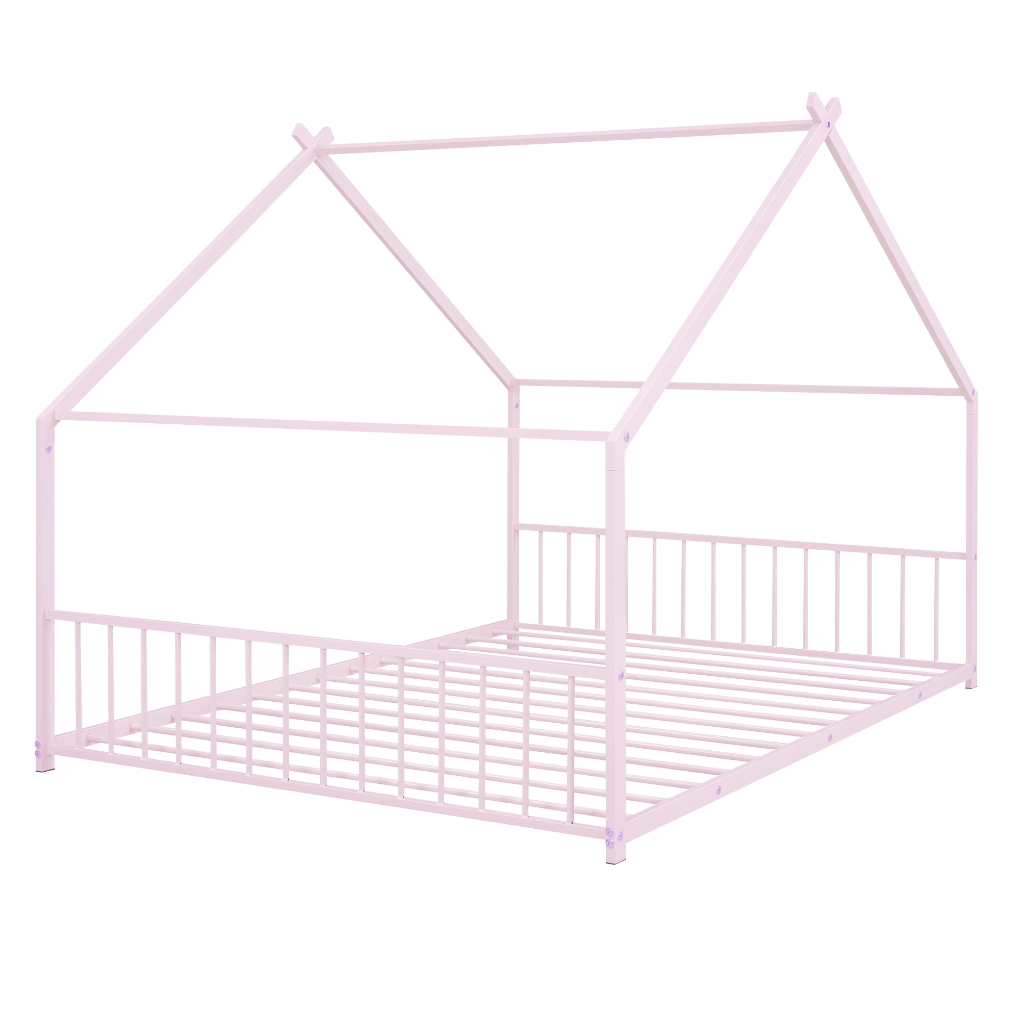 Jopath Full Size Bed Metal Floor Bed,Full House Bed Frame Floor Bed Frame,With Roof With Headboard And Footboard With Slats Support For Kids Toddler Pink